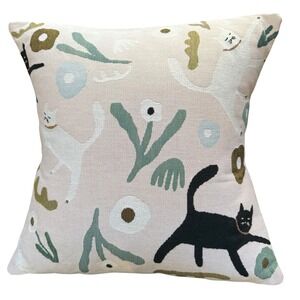 Embroidered Accent Pillow Cat Floral‎ Novelty Print 16x16 Cream Neutral Kitsch